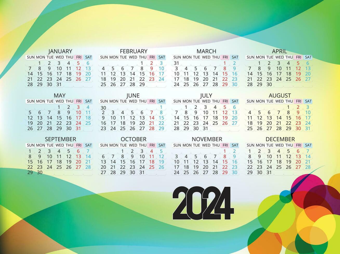 Calendar 2024 template vector, simple minimal design, Planner 2024 year, Wall calendar 2024 year, Week Starts sunday, Set of 12 calendar, advertisement, printing, stationery, organization office vector