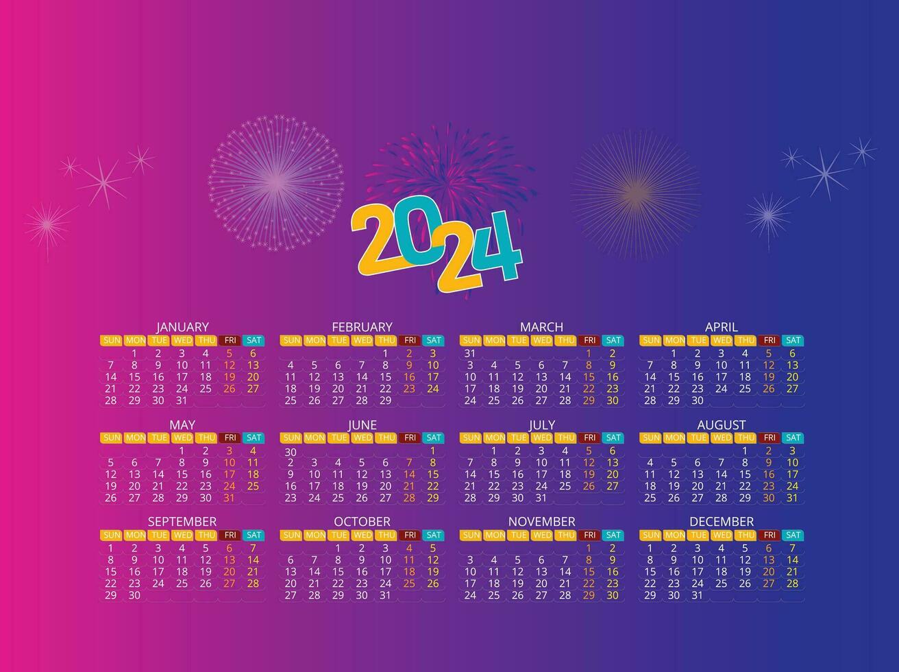 Calendar 2024 template vector, simple minimal design, Planner 2024 year, Wall calendar 2024 year, Week Starts sunday, Set of 12 calendar, advertisement, printing, stationery, organization office vector