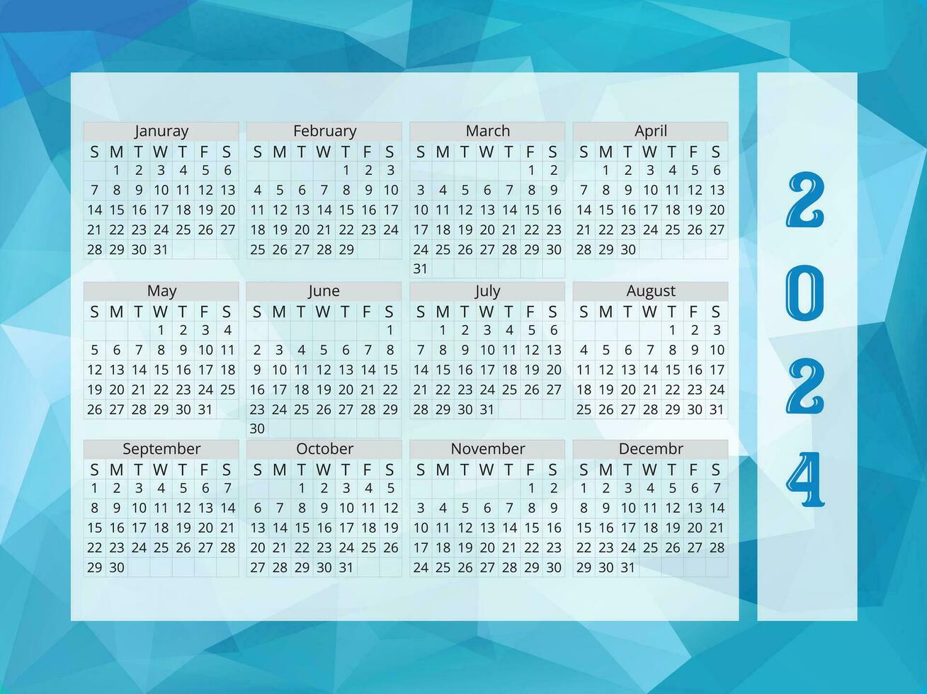 Calendar 2024 template vector, simple minimal design, Planner 2024 year, Wall calendar 2024 year, Week Starts sunday, Set of 12 calendar, advertisement, printing, stationery, organization office vector