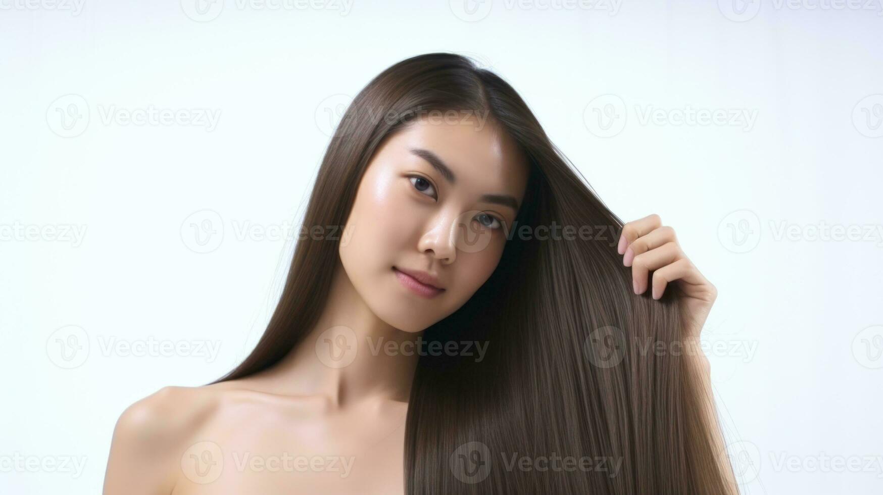 ai generado espalda ver de mujer con largo, Derecho negro y rojo tresillo cabello. foto