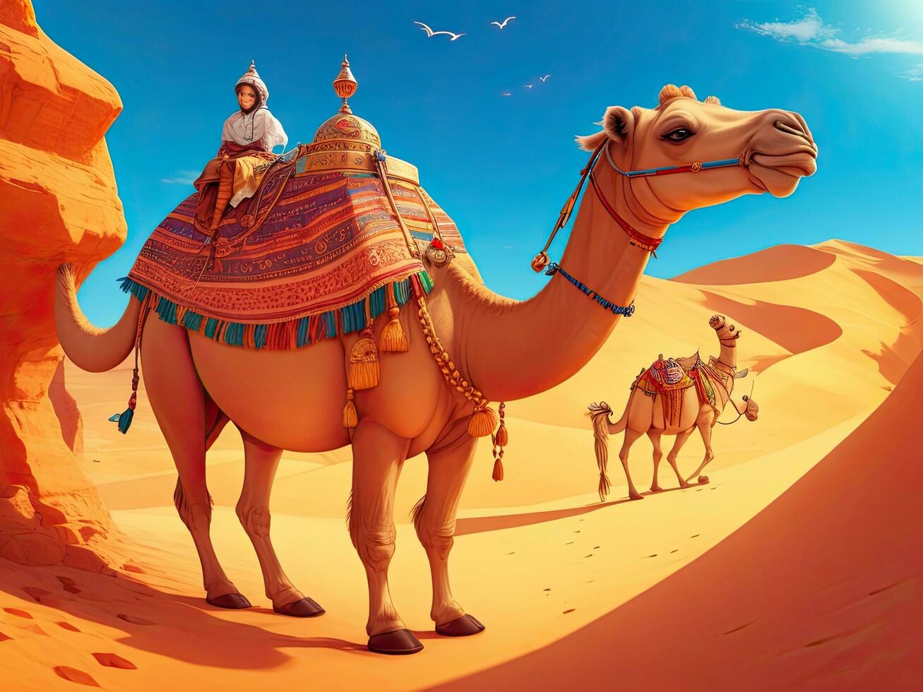 AI generated Camel in the desert of Egypt. 3d illustration. Vintage style. photo