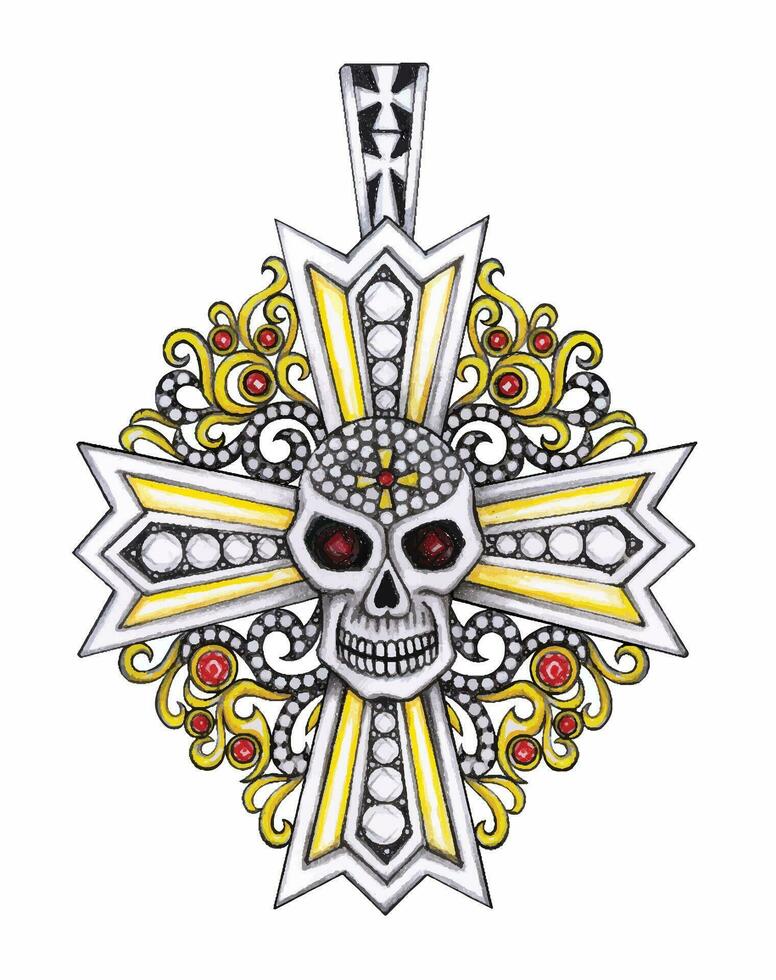 Skull cross pendant hand drawing and painting on paper make graphic vector. vector