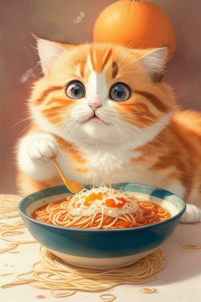 AI generated Cute red cat eating spaghetti in a blue bowl with orange balls photo