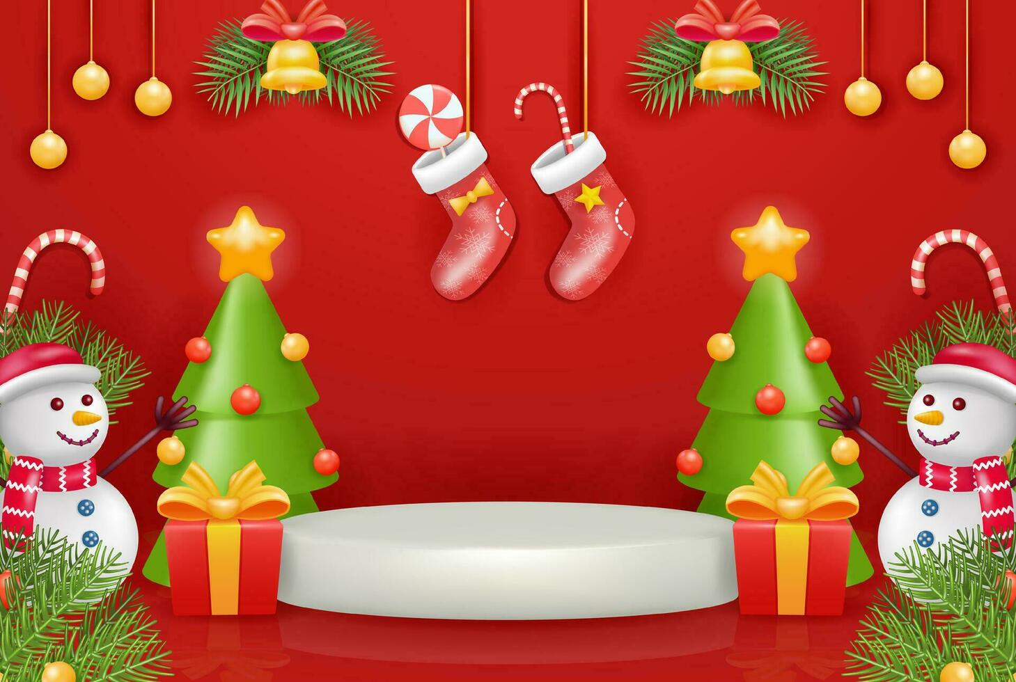 Christmas product podium. Podium with elements of pine trees, snowmen, balls, gift boxes and socks. 3d vector, suitable for sales product display vector