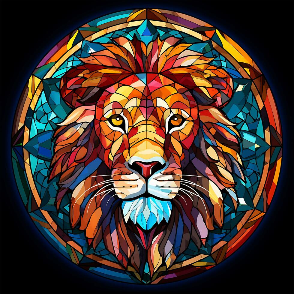 AI generated A View of a Lion Face in a circle of colorful Stained Glass Design photo