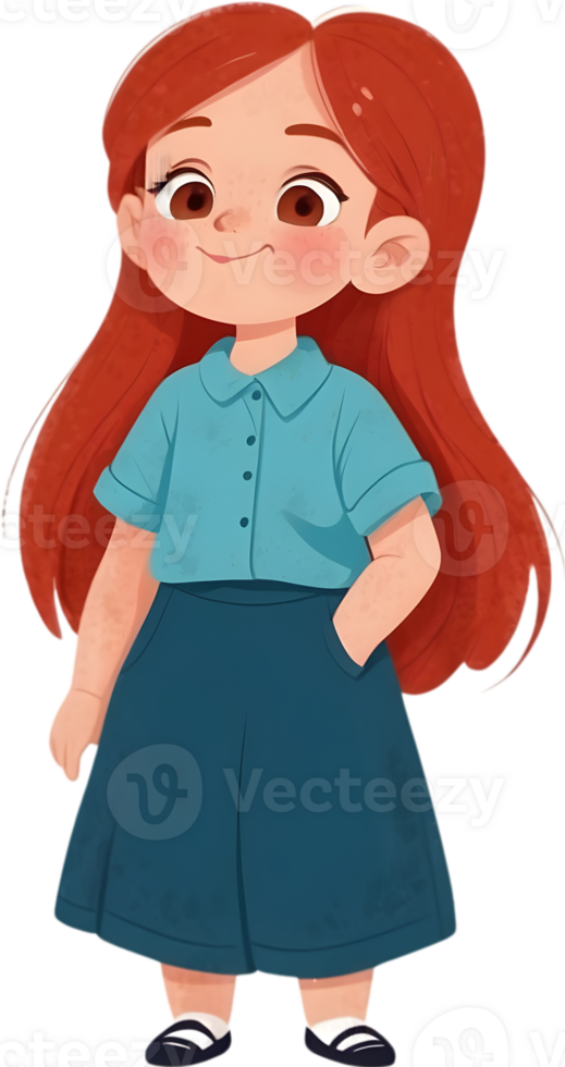 a cartoon girl with red hair and blue shirt ai generative png