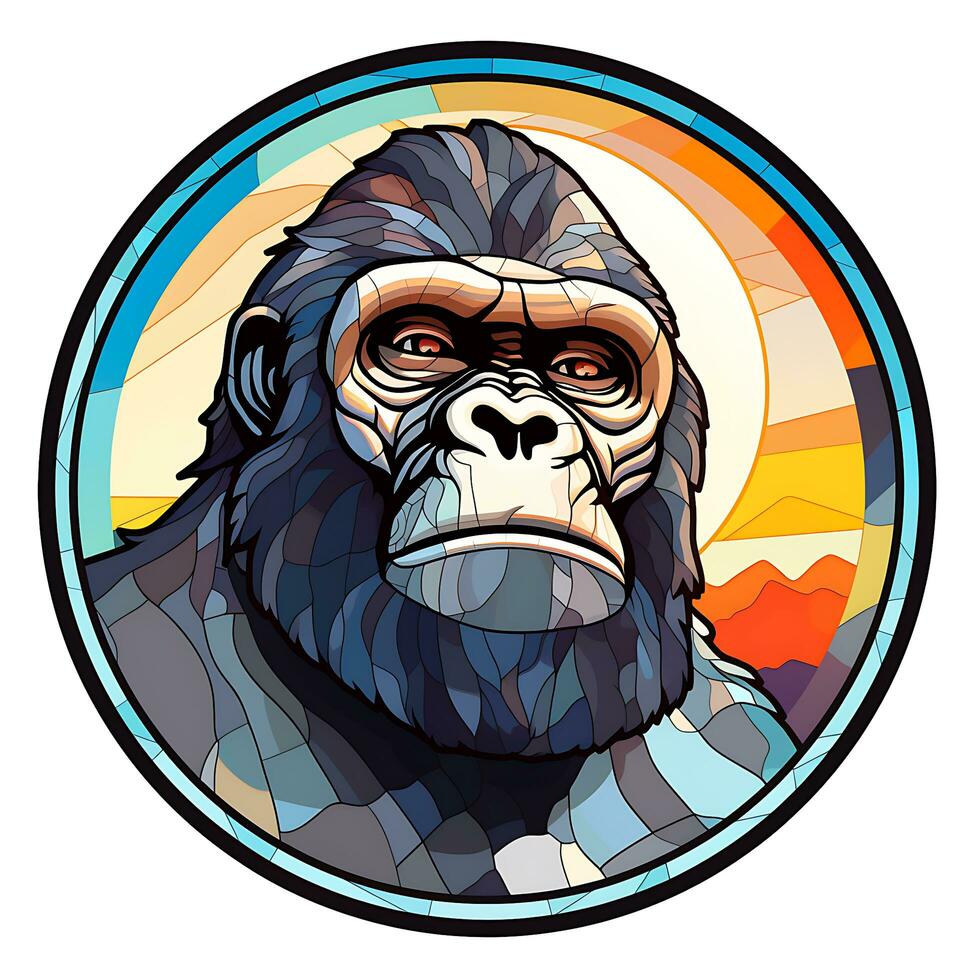 AI generated View of a Gorilla Face in a circle of colorful Stained Glass Design photo