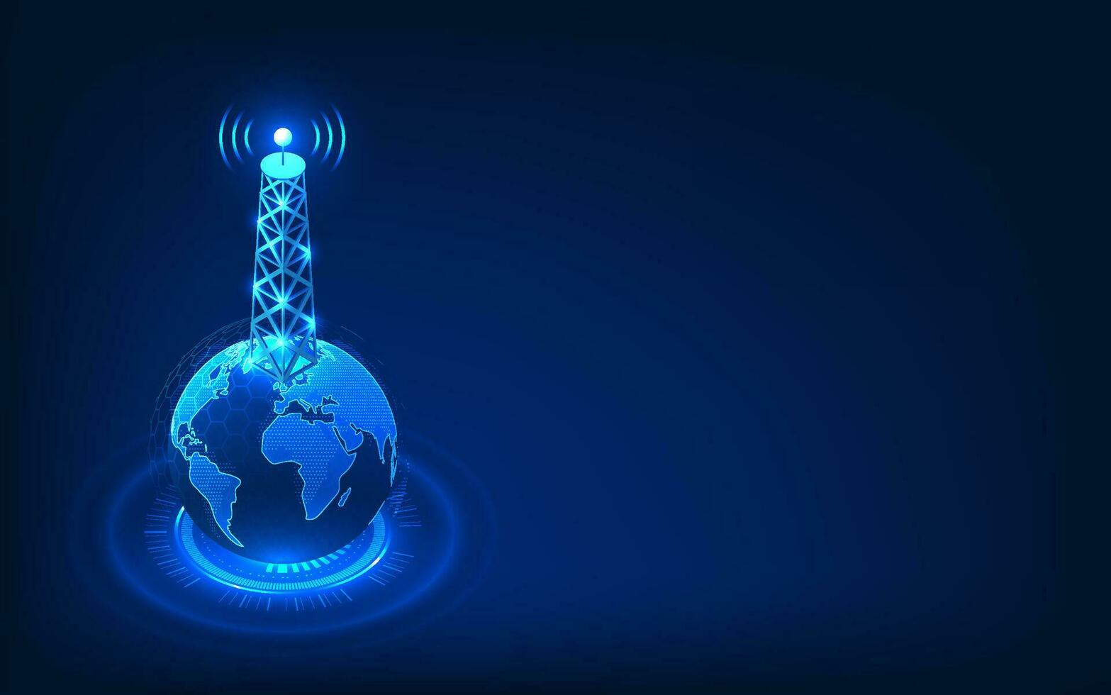 telecomunicación tecnología, señal torre conjunto en el globo con tecnología círculos eso representa el desarrollo de avanzado comunicaciones redes a distribuir señales a lo largo de el mundo. vector