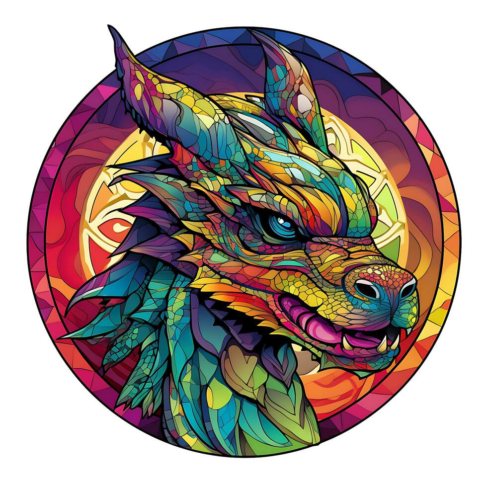 AI generated View of a Dragon Face in a circle of colorful Stained Glass Design photo