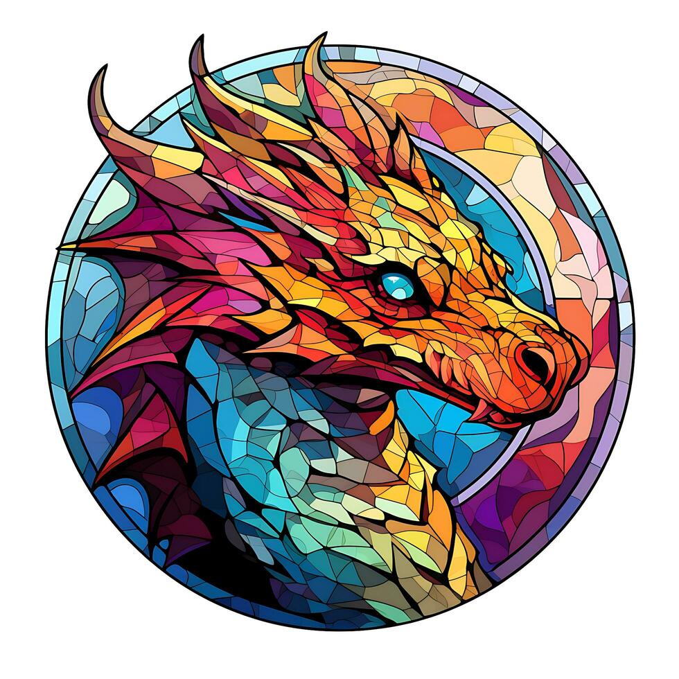 AI generated View of a Dragon Face in a circle of colorful Stained Glass Design photo