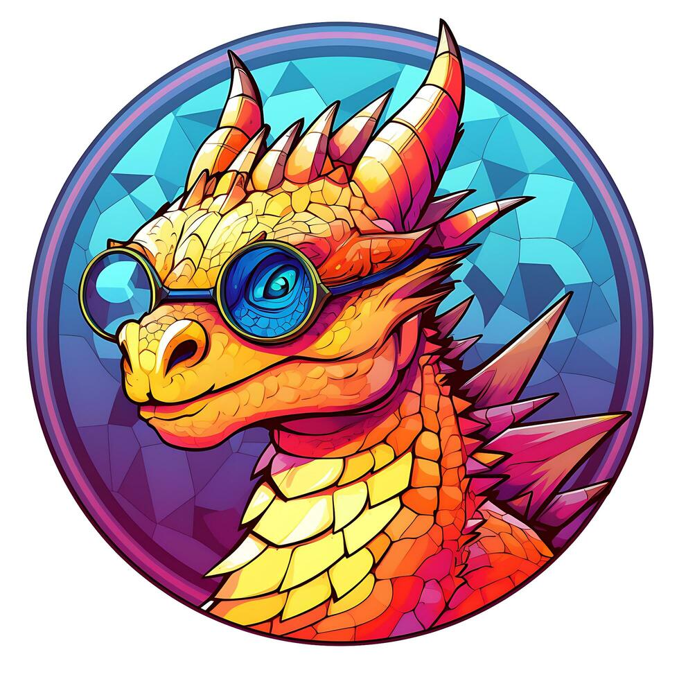 AI generated View of a Dragon Face in a circle of colorful Stained Glass Design photo