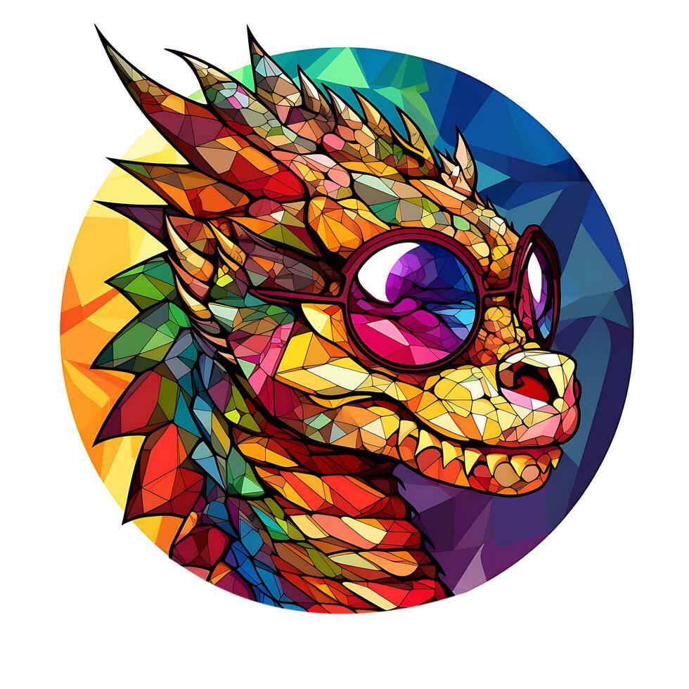 AI generated View of a Dragon Face in a circle of colorful Stained Glass Design photo