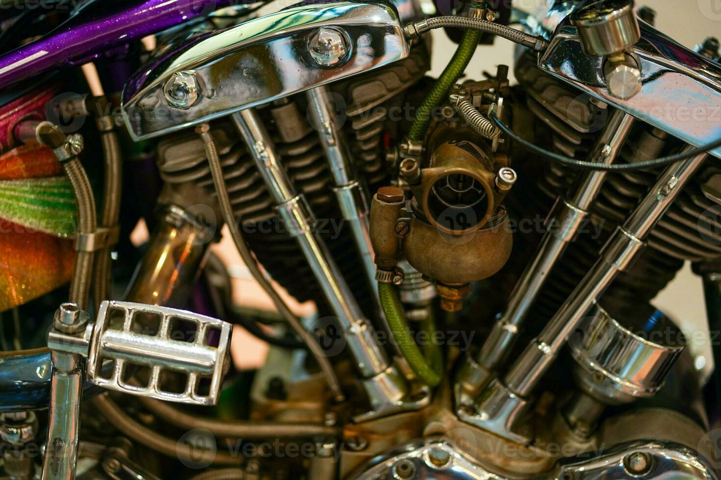 Closeup and crop old engine of Chopper motorbike photo