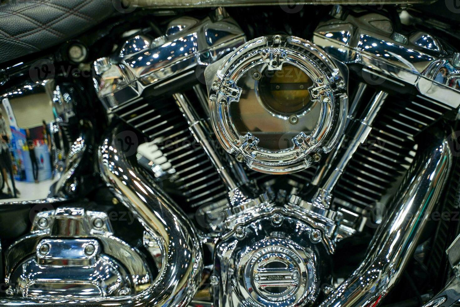 Closeup and crop engine of Chopper motorbike with chrome colors photo