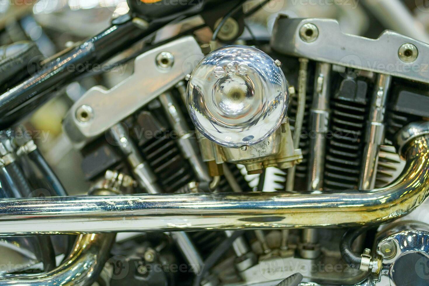 Closeup and crop engine of Chopper motorbike with chrome colors photo