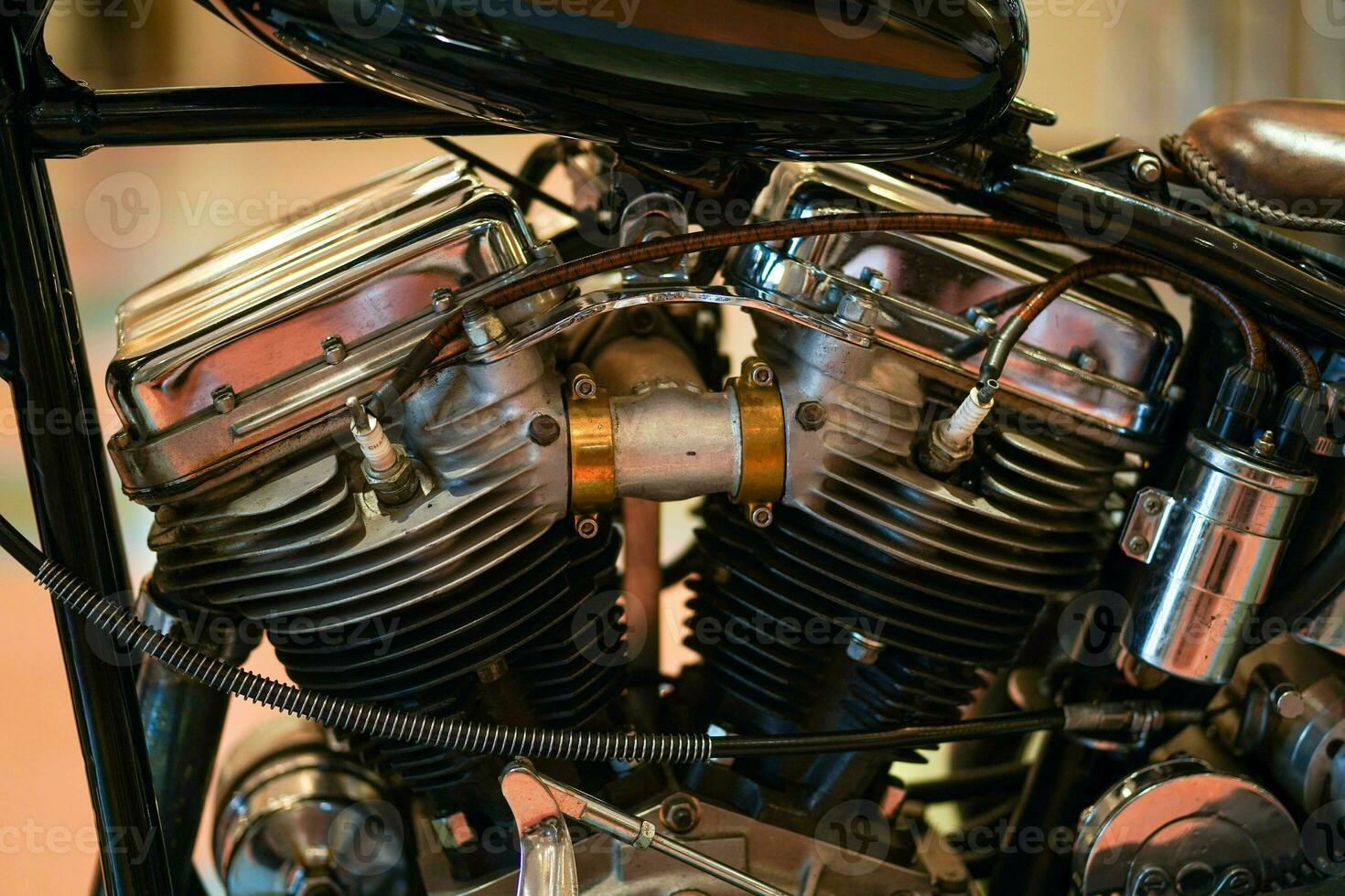 Closeup and crop old engine of Chopper motorbike photo