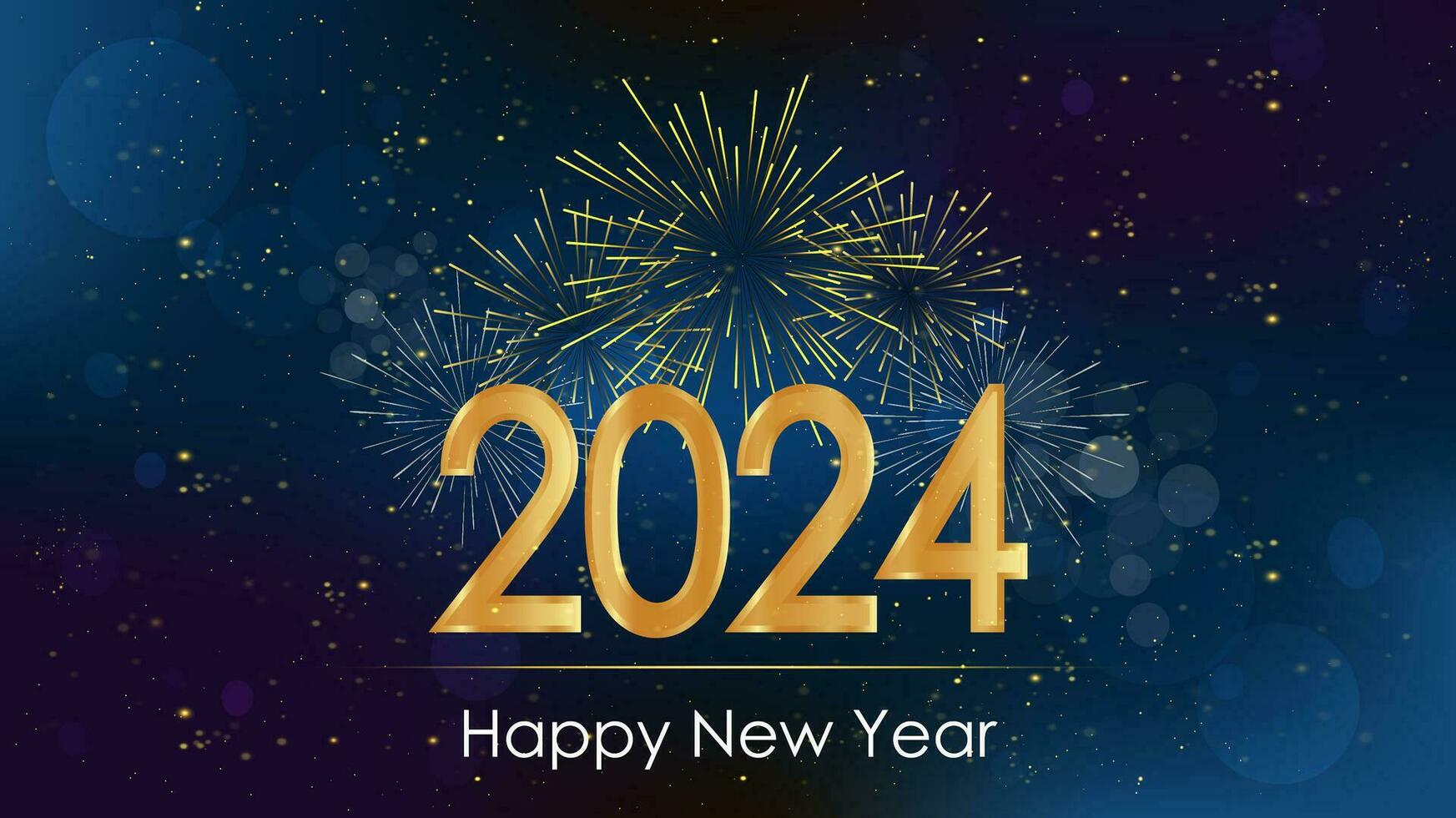 Happy New Year 2024 beautiful sparkling design with golden fireworks and bokeh lights on blue background. Vector illustration for Christmas and New year holiday greeting card.