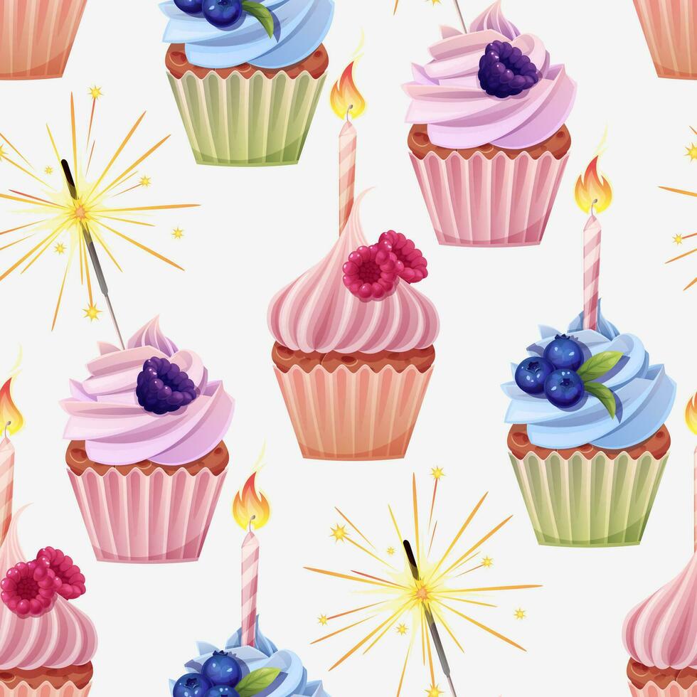 Seamless pattern with cupcake decorated with cream, blackberries, blueberries, raspberries, candle and sparkler. Birthday muffin background. Festive texture for wrapping paper, cards, fabric vector