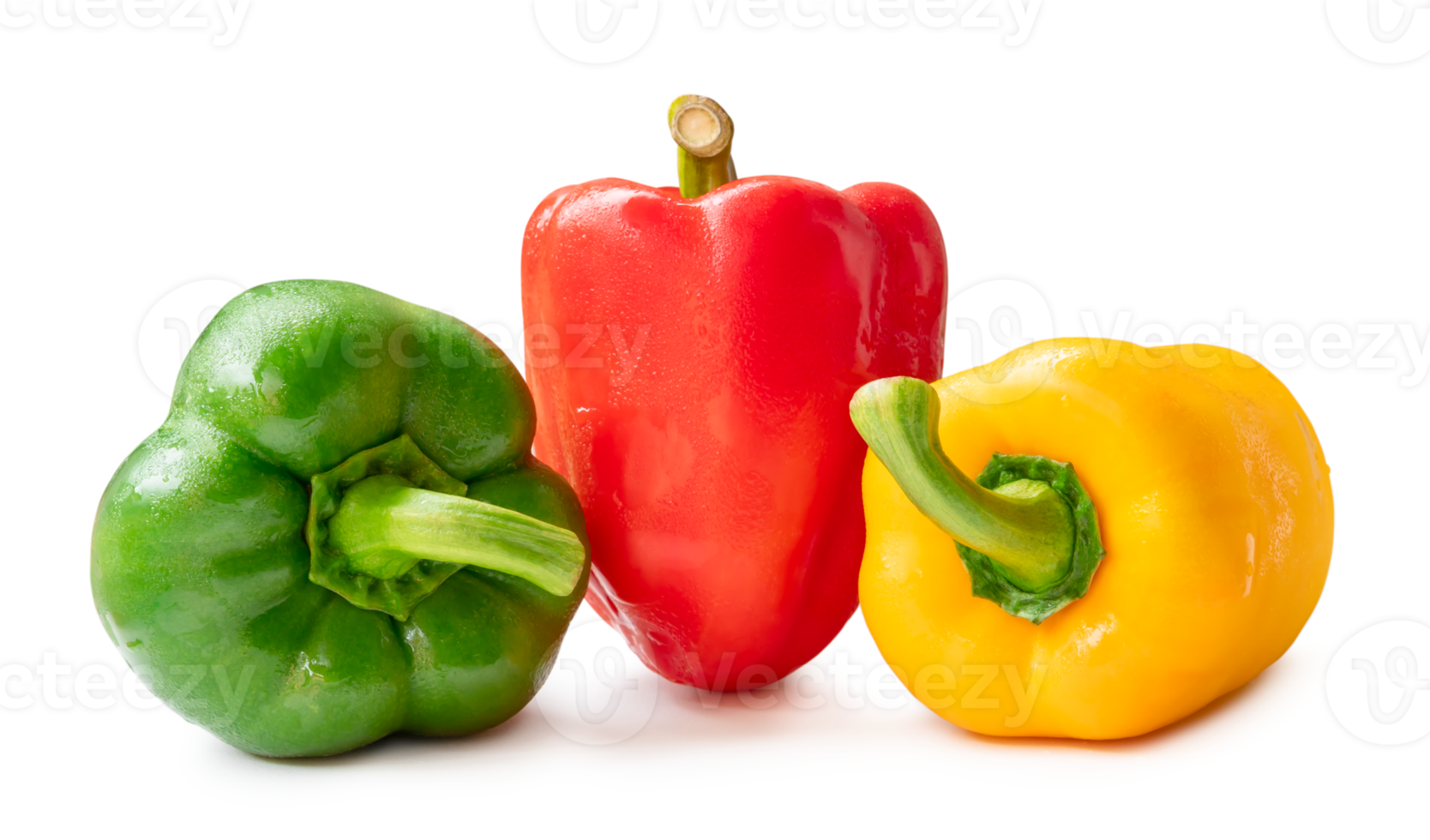 Three fresh beautiful wet bell pepper with drop isolated with clipping path and shadow in png file format. Sweet paprika chili