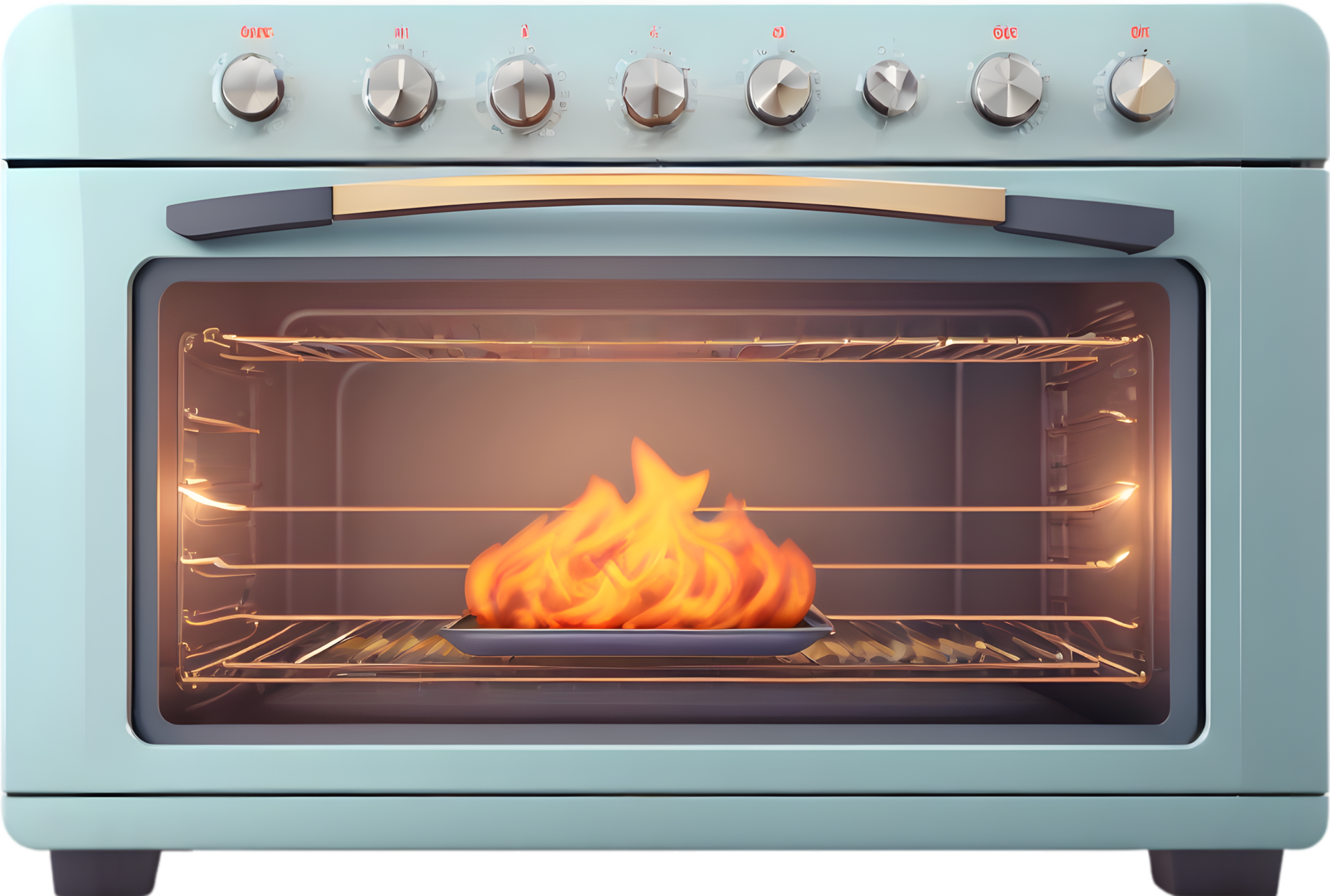 an oven with a hot oven door with a flame coming out of it Ai