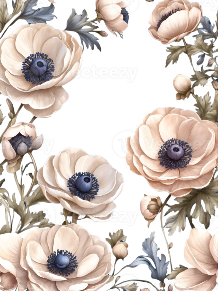 watercolor flowers with a square frame on a transparent background ai generative png
