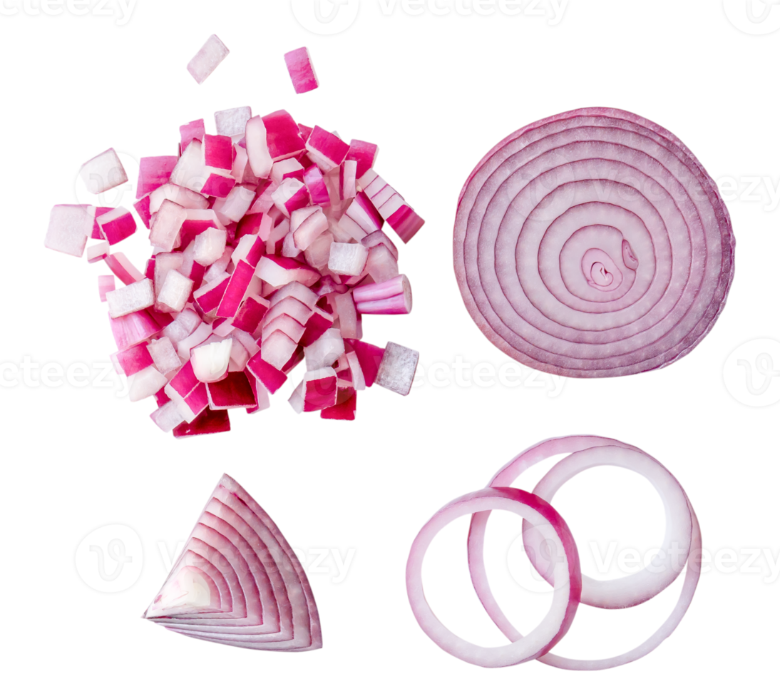 Top view set of red or magenta onion half and slices in several shape isolated with clipping path in png file format
