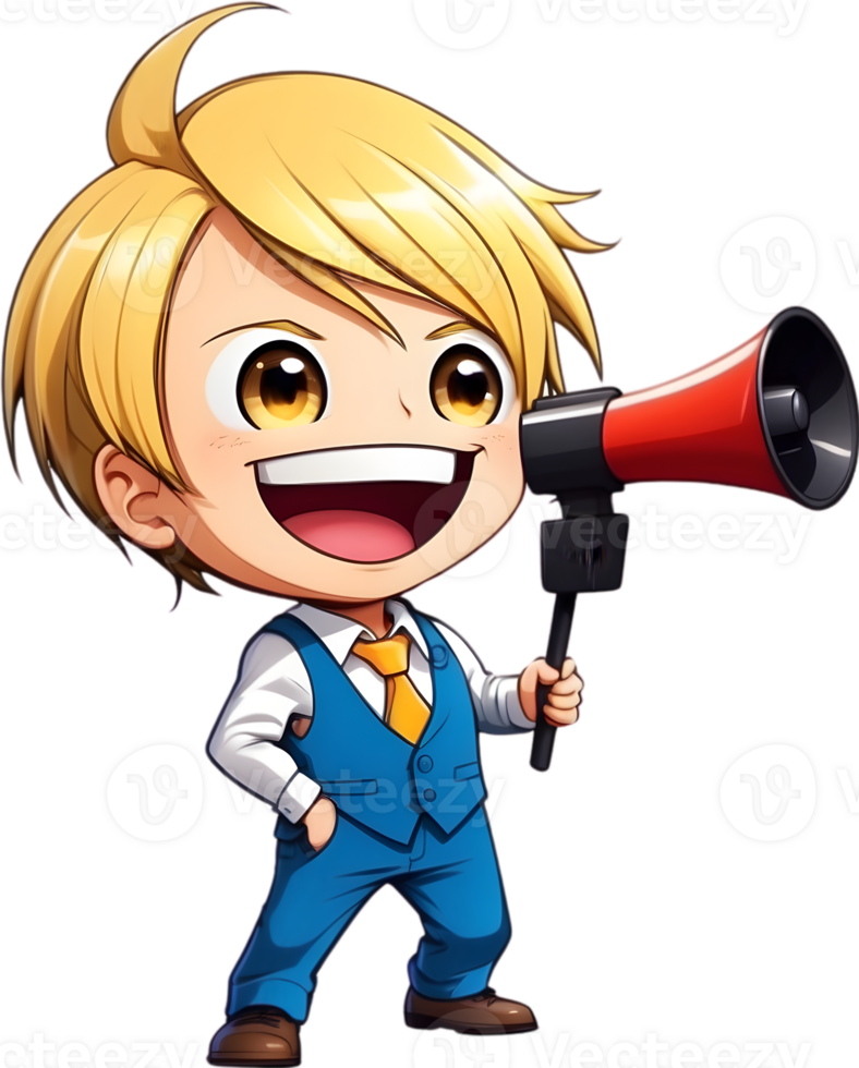 cartoon cute boy with megaphone on transparent background ai generative png