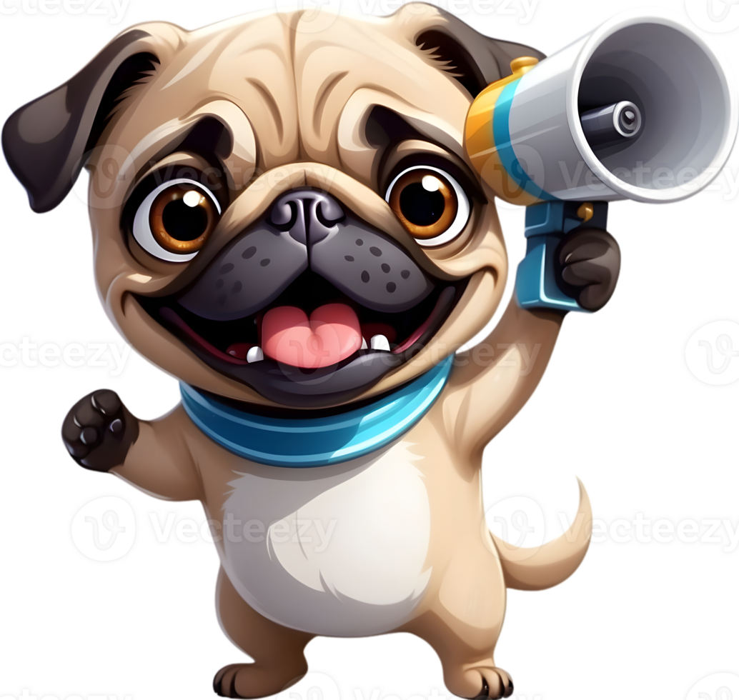 cartoon pug dog with megaphone on transparent background ai generative png