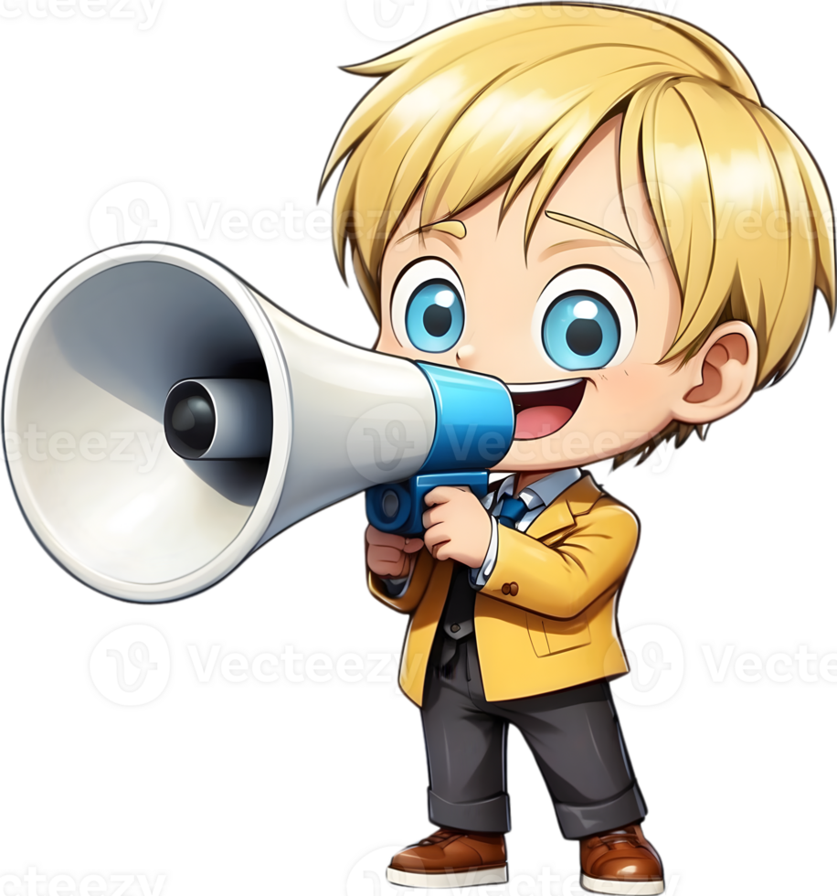 cartoon cute boy with megaphone on transparent background ai generative png