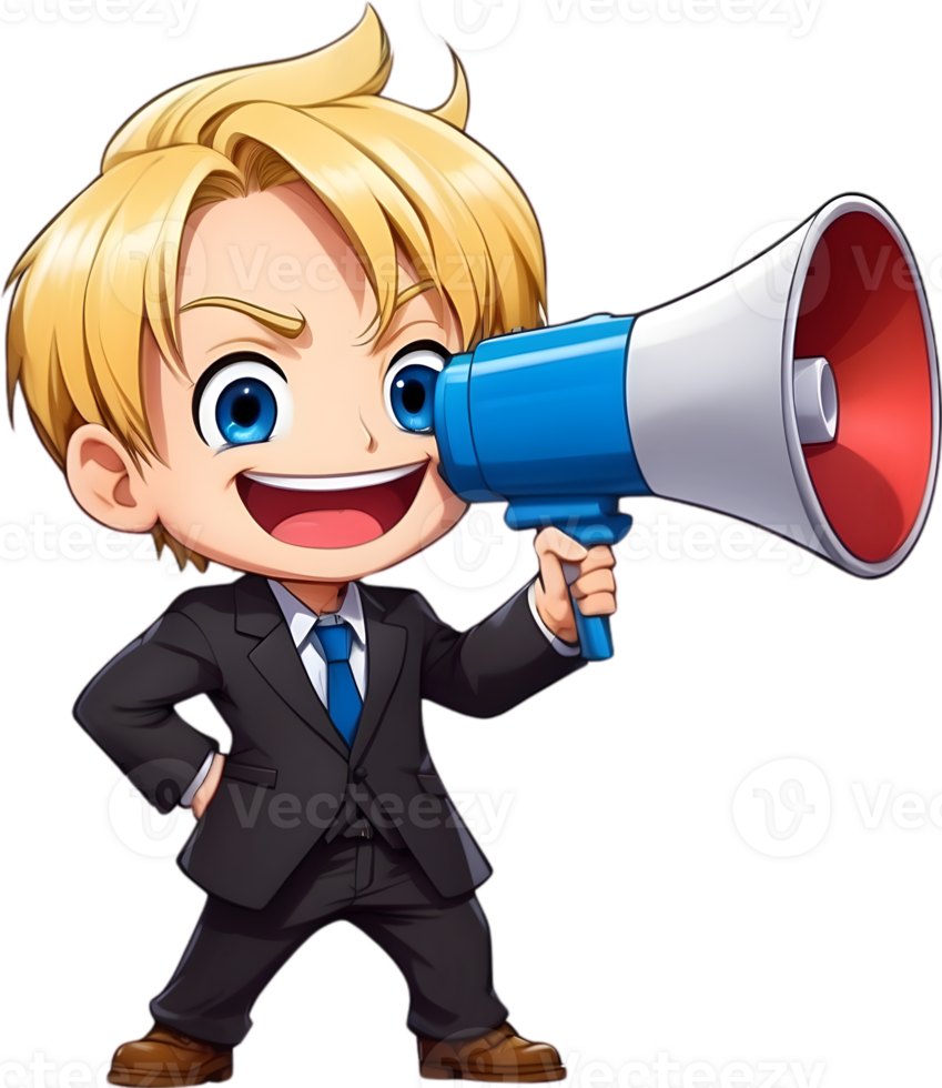 cartoon cute boy with megaphone on transparent background ai generative png