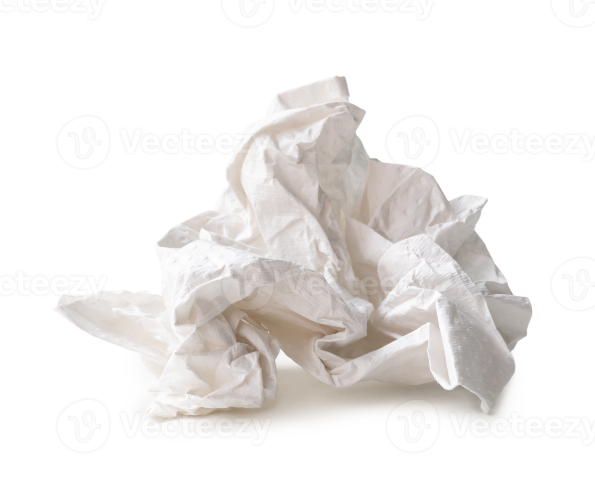 Single white screwed or crumpled tissue paper or napkin in strange shape after use in toilet or restroom isolated with clipping path and shadow in png file format