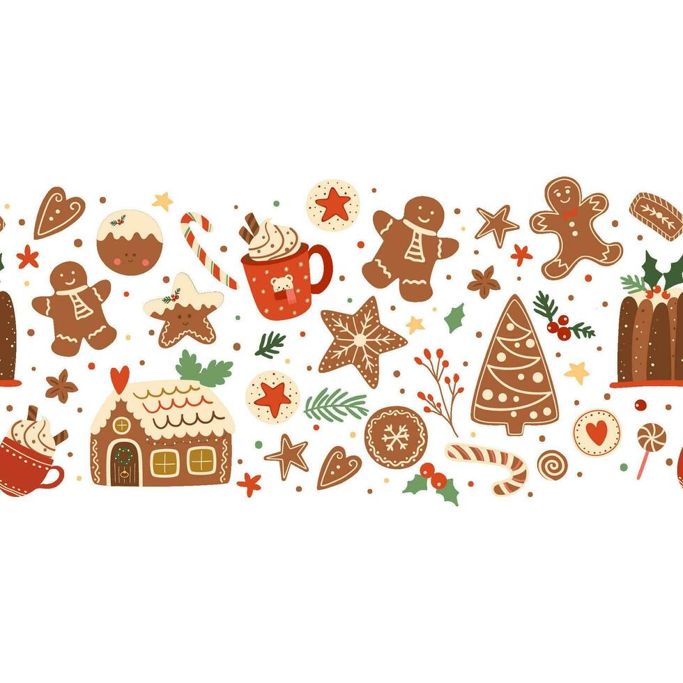 Christmas baking seamless border with gingerbread houses, man, tree, cookies, candy cane, hot chocolate. Sweet winter holidays dessert repeat long horizontal banner. Tasty vector food illustration.
