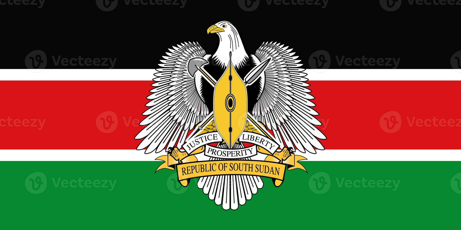 The official current flag and coat of arms of Republic of South Sudan. State flag of South Sudan. Illustration. photo