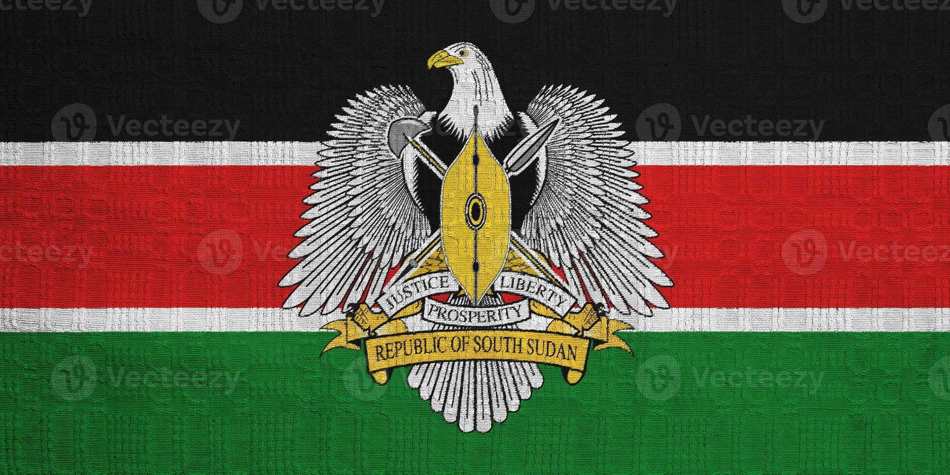 Flag and coat of arms of Republic of South Sudan on a textured background. Concept collage. photo