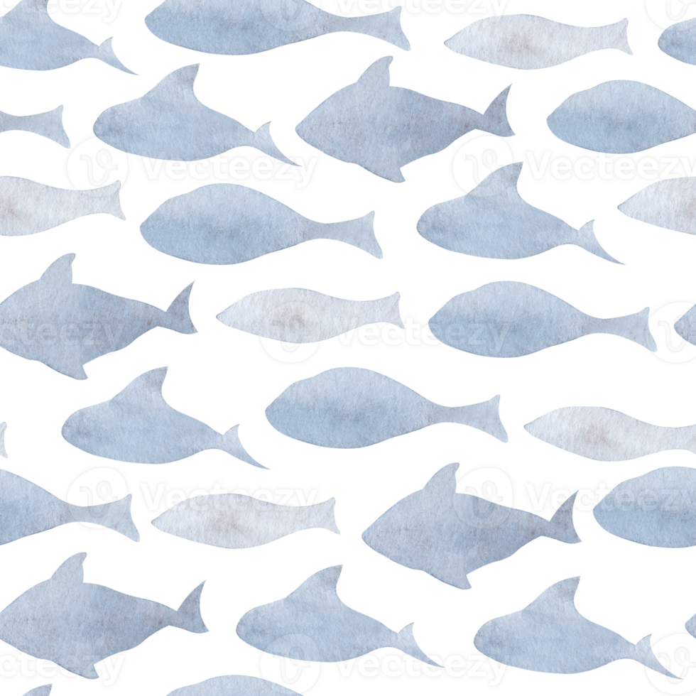 Fish seamless Pattern. Hand drawn watercolor background with shoal on isolated backdrop. Illustration of sea ornament for wrapping paper or textile design in marine style. Doodle ocean animals. png