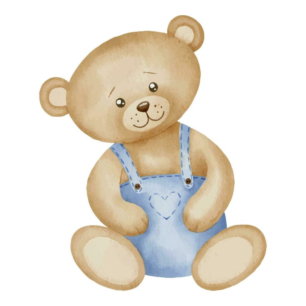 Teddy Bear watercolor illustration. Hand drawn sketch of little cute animal in pastel brown and blue colors for Baby shower invitations or happy birthday greeting cards. Drawing for childish design vector