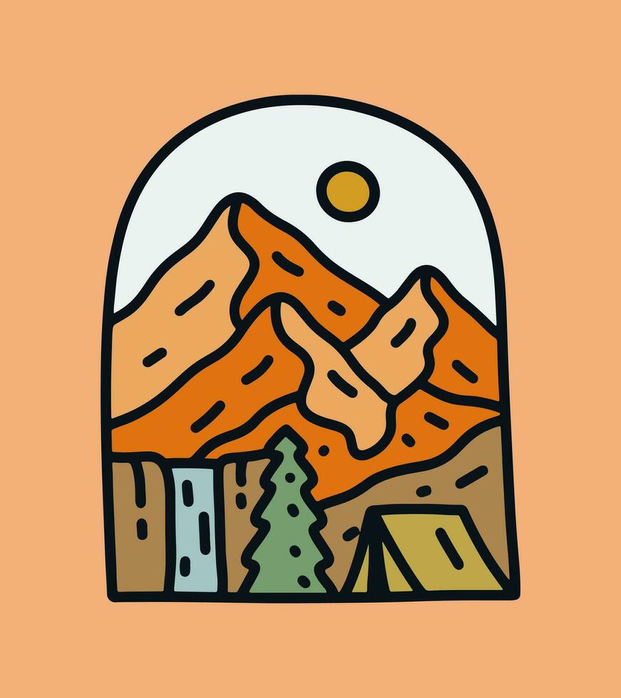 camping under the waterfall monoline vector design for badge, sticker, patch, t shirt design, etc