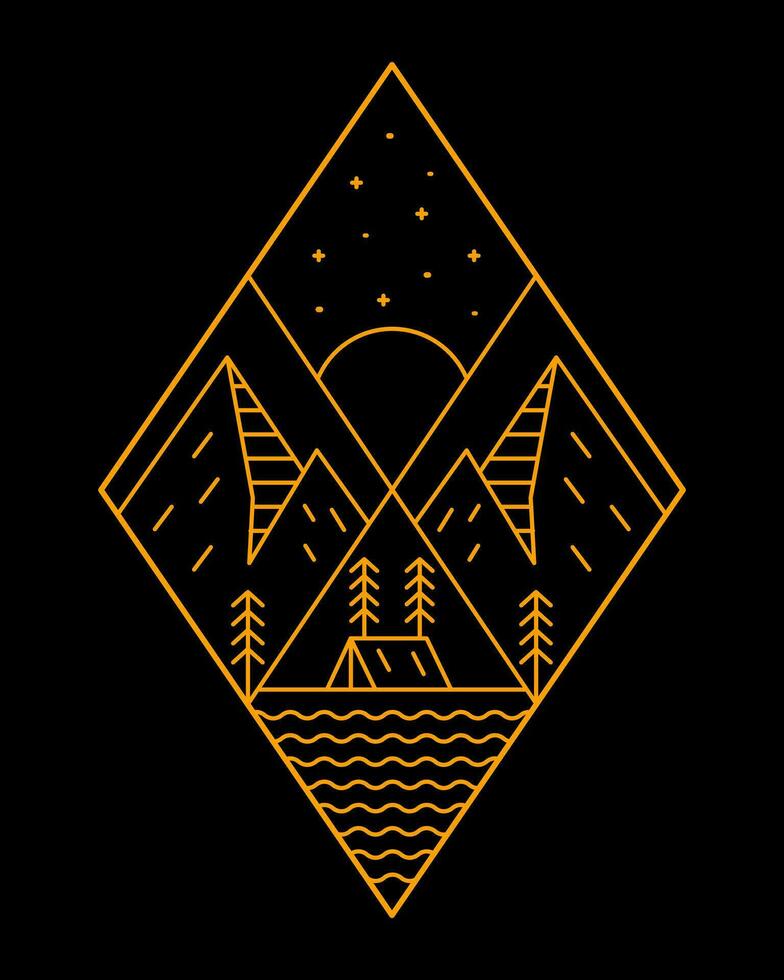Camping tent under the stars of the mountain mono line vector illustration in four shapes of diamond