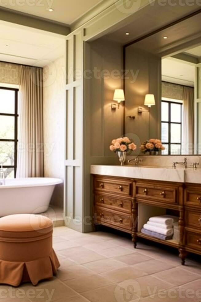 Classic bathroom decor, interior design and home improvement, bathtub and bathroom furniture, English country house and cottage style, generative ai photo