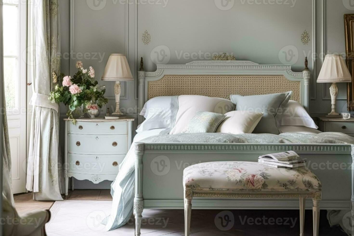 pálido azul dormitorio decoración, interior diseño y fiesta alquiler, cama con elegante lecho y muebles, Inglés país casa y cabaña estilo, generativo ai foto