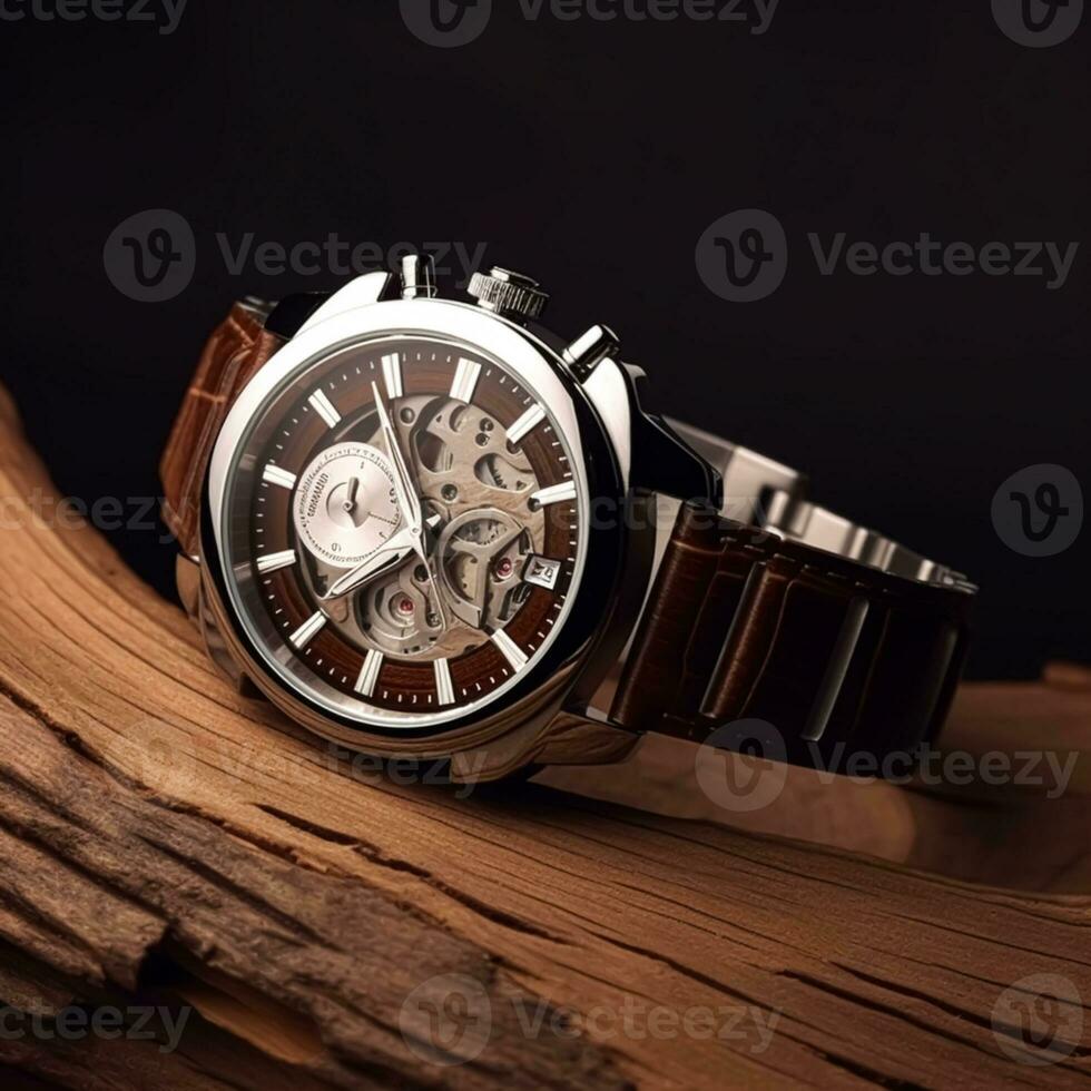 Luxury mens watch commercial concept prototype, bespoke design on dark wood background, generative ai photo