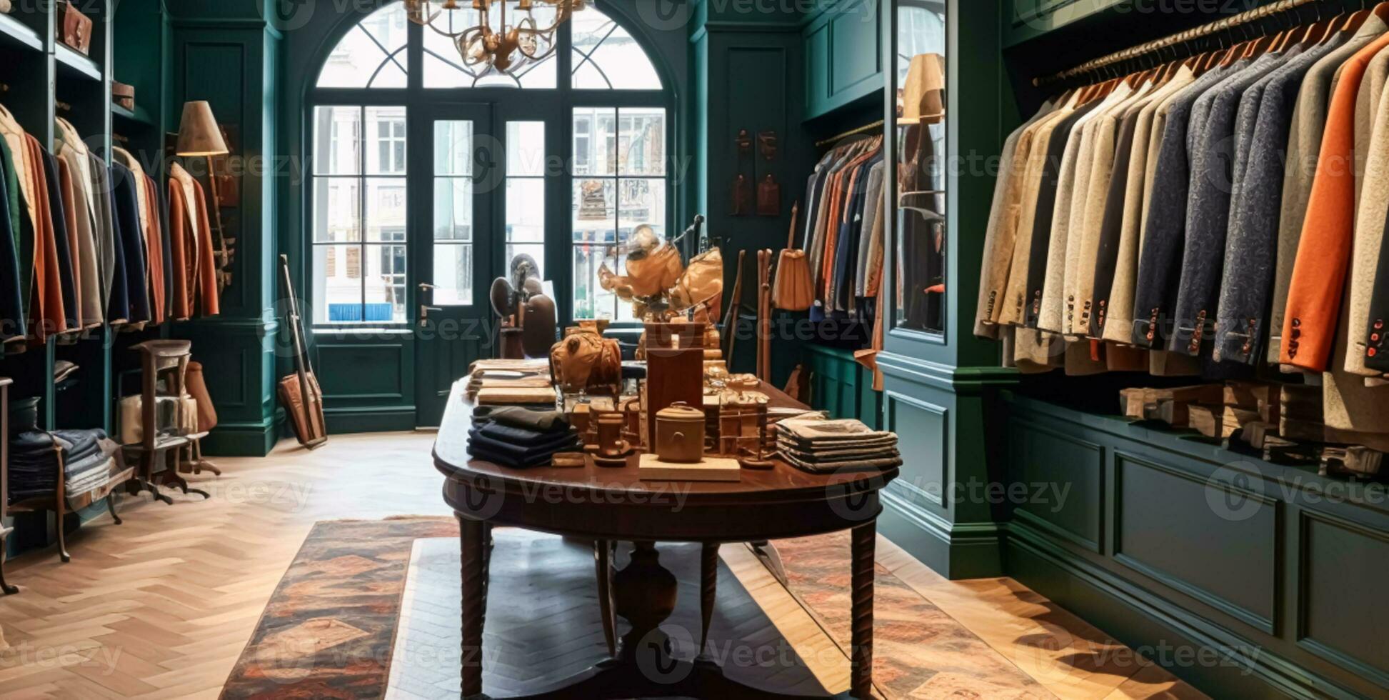 High street retail, small business and commercial interior, fashion store in the English countryside style, elegant country clothing shop showroom and luxurious boutique in the old town, generative ai photo