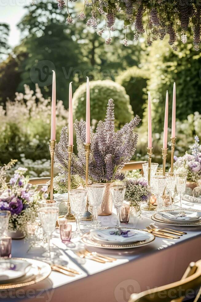 Wedding tablescape, elegant formal dinner table setting, table scape with lavender decoration for holiday party event celebration, generative ai photo