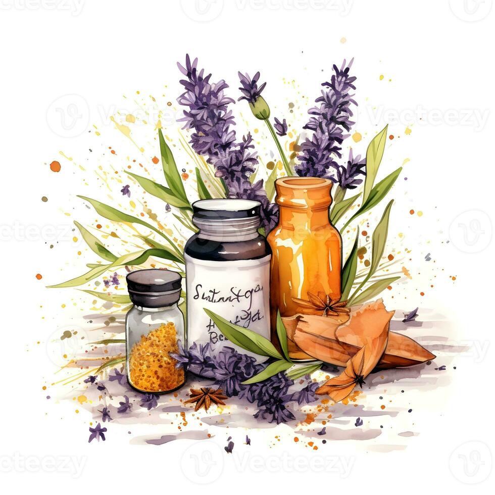 AI generated Watercolor illustration. Kitchen spices. Thyme sprigs and thyme flowers.ai generated photo