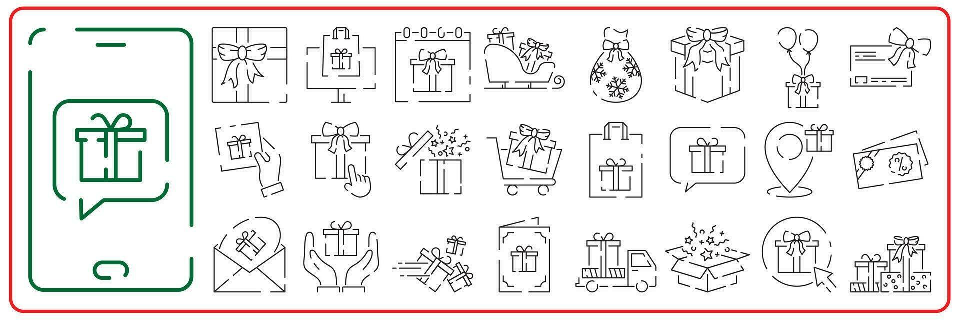 Navidad regalo caja línea íconos colocar, tal como presente, descuento, paquete, precio etiqueta. contento nuevo año vector. vector