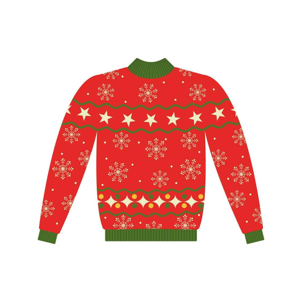 Vector sweater for Christmas party. Warm knitted jumpers with snowflakes, snowmen, Santa, candy cane, and deer ornament. Isolated. Happy New Year.