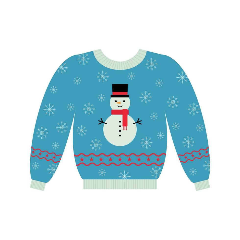 Vector sweater for Christmas party. Warm knitted jumpers with snowflakes, snowmen, Santa, candy cane, and deer ornament. Isolated. Happy New Year.