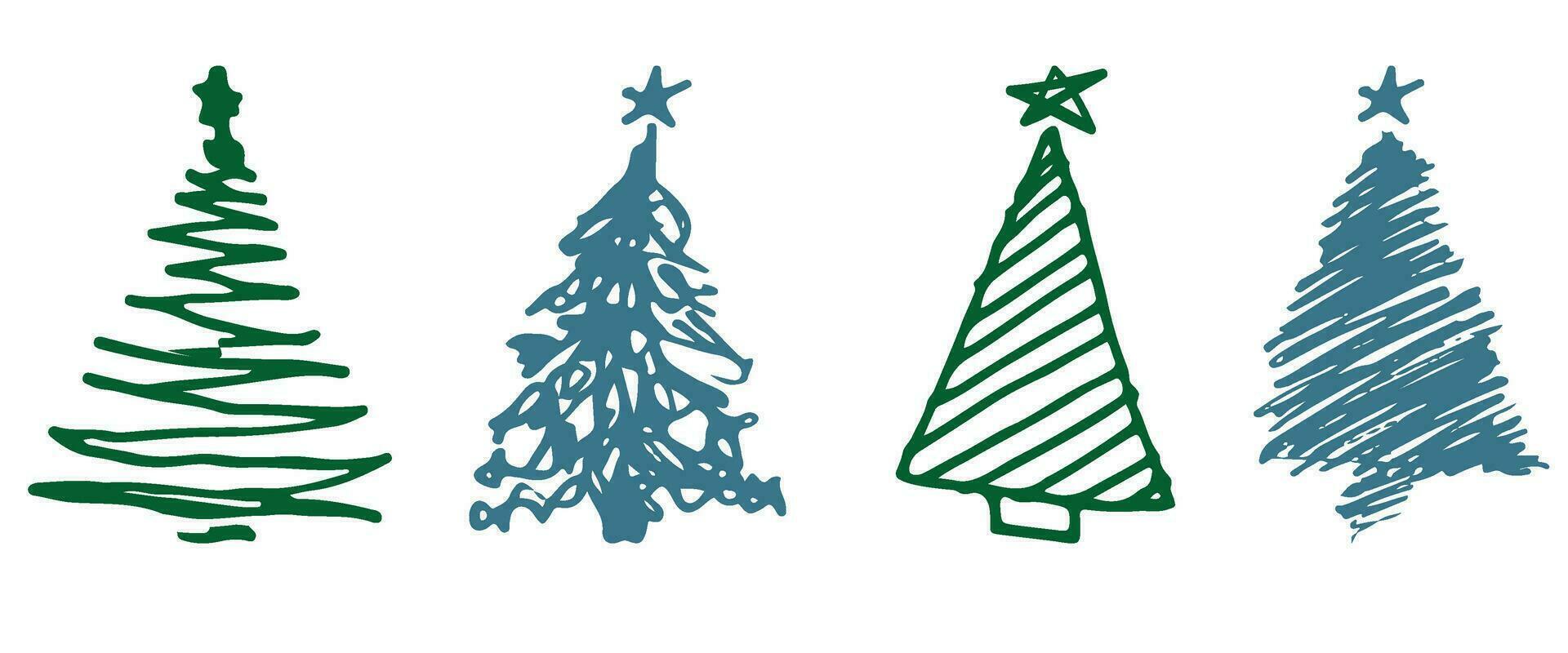 Set of Christmas tree. Sketch hand drawn xmas pattern. Doodle childlike silhouette art. Winter New year holiday firs, decor elements on isolated background. Vector vintage illustration.