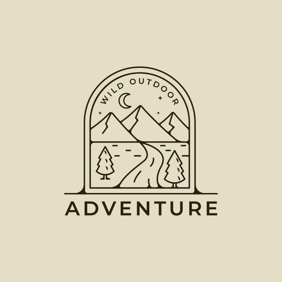 mountain and pine landscape logo line art simple vector illustration template icon graphic design. wild adventure nature outdoors sign or symbol for travel or environment business with badge