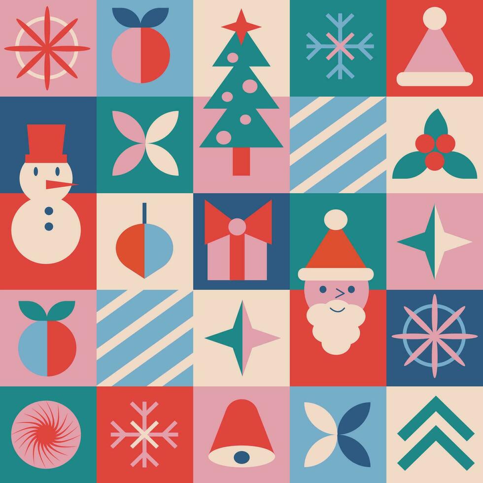 Abstract geometric christmas pattern in bauhaus style. Retro background with tree and santa, snowman, gift. Vector seamless background of geometry ornament with Xmas holiday mosaic.